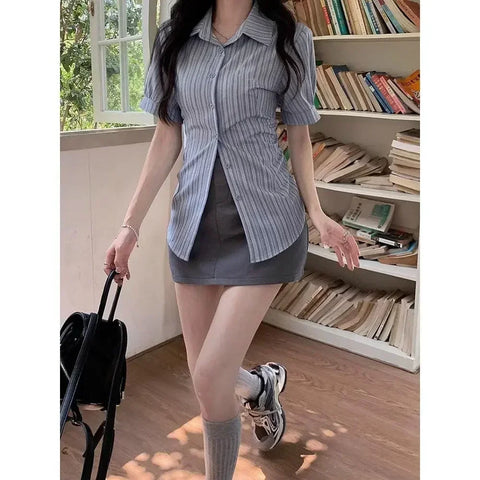 Stripe Short-sleeved Shirt American College Style Waist Cinched Shirt for Women Summer Fashion Spicy Girl JK Short Sleeved Top