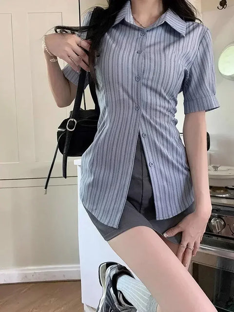 Stripe Short-sleeved Shirt American College Style Waist Cinched Shirt for Women Summer Fashion Spicy Girl JK Short Sleeved Top