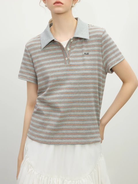 FSLE Polo Collar Retro Knitted Short-sleeved T-shirt Women's Spring 2025 New Design Elegant Style Tops Chic Outfit 25FS11140