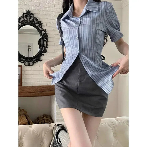 Stripe Short-sleeved Shirt American College Style Waist Cinched Shirt for Women Summer Fashion Spicy Girl JK Short Sleeved Top
