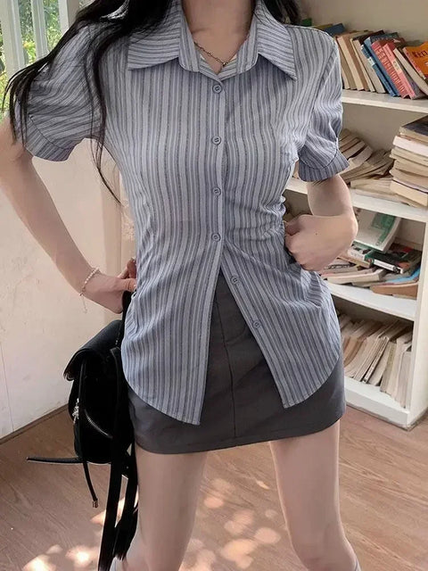 Stripe Short-sleeved Shirt American College Style Waist Cinched Shirt for Women Summer Fashion Spicy Girl JK Short Sleeved Top