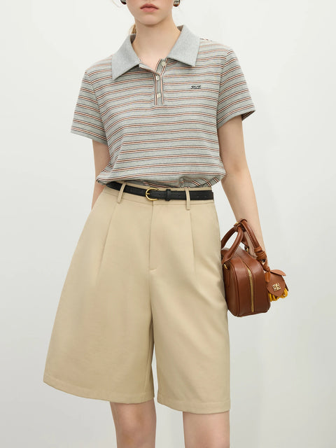 FSLE Polo Collar Retro Knitted Short-sleeved T-shirt Women's Spring 2025 New Design Elegant Style Tops Chic Outfit 25FS11140